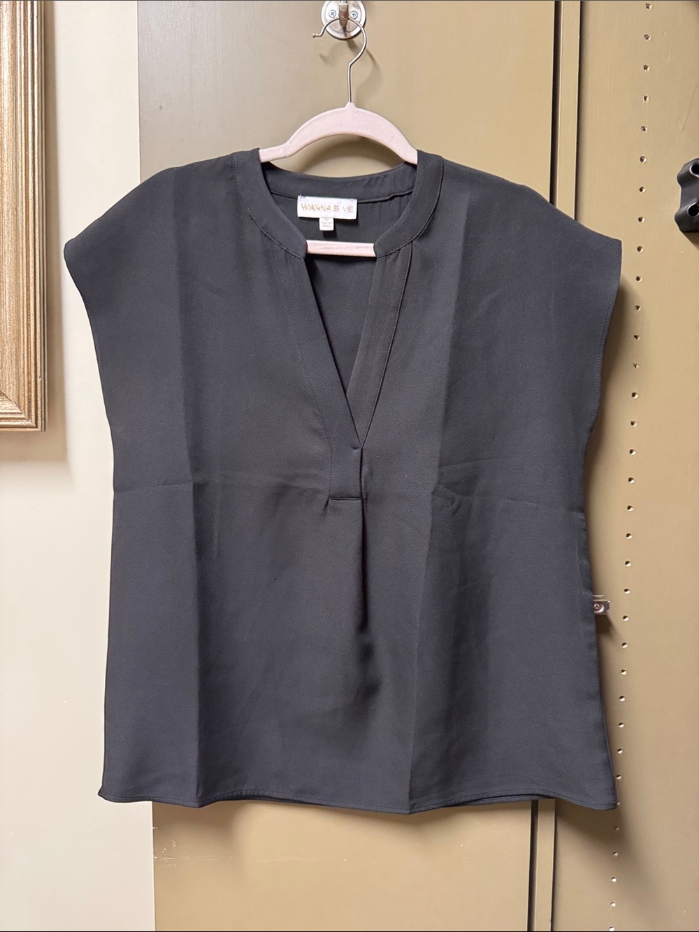 Wanna B Me Black Notch V-Neck Cap Sleeve Blouse